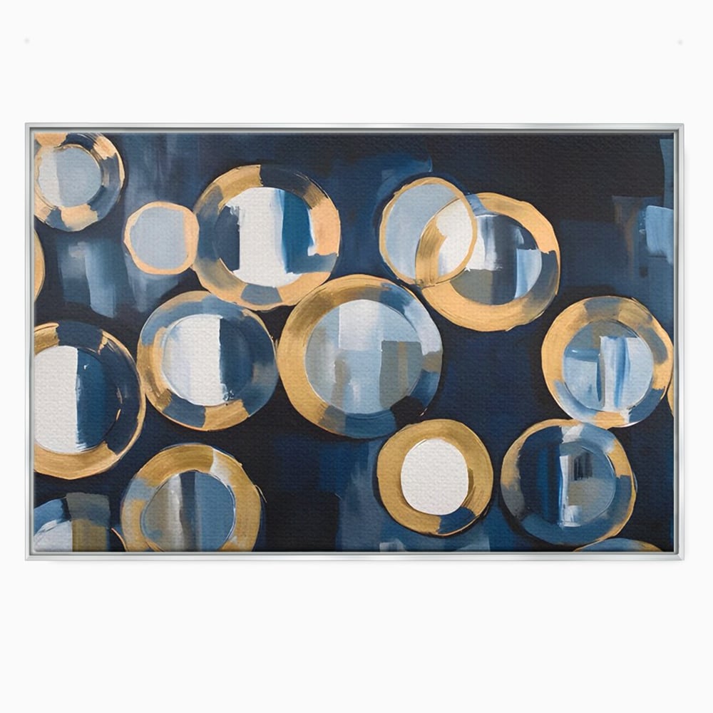 Tablou canvas cu pictura abstracta cu cercuri albastre si aurii, in rama de aluminiu argintiu